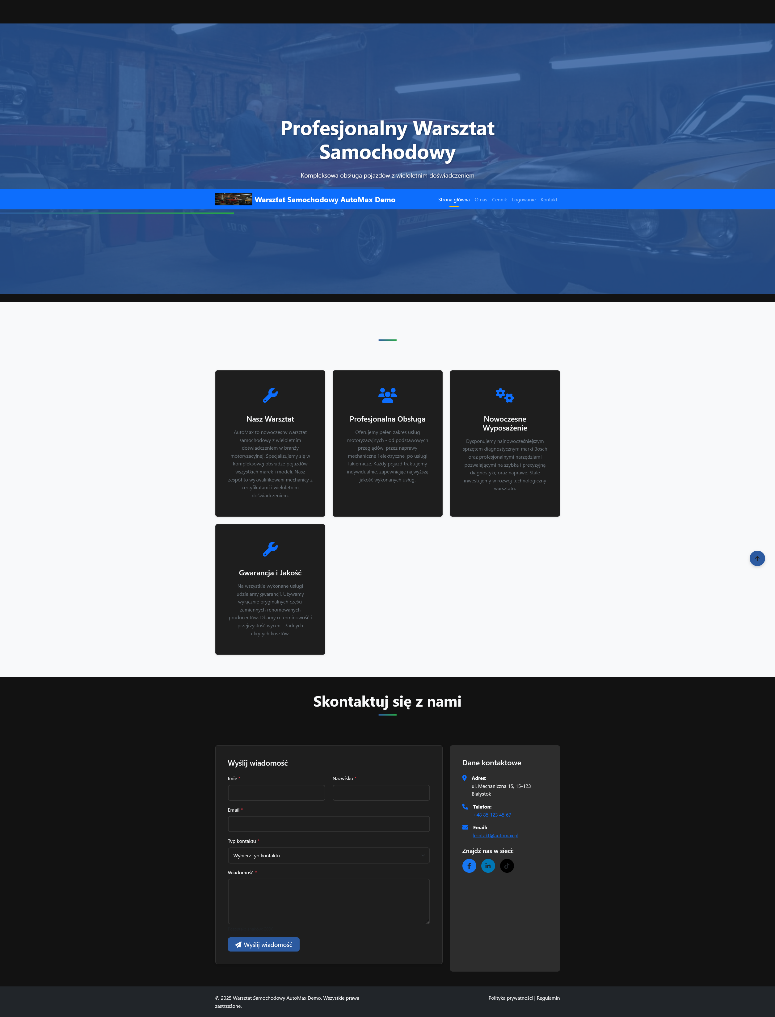 Skrypt strony warsztatu samochodowego z panelem admina